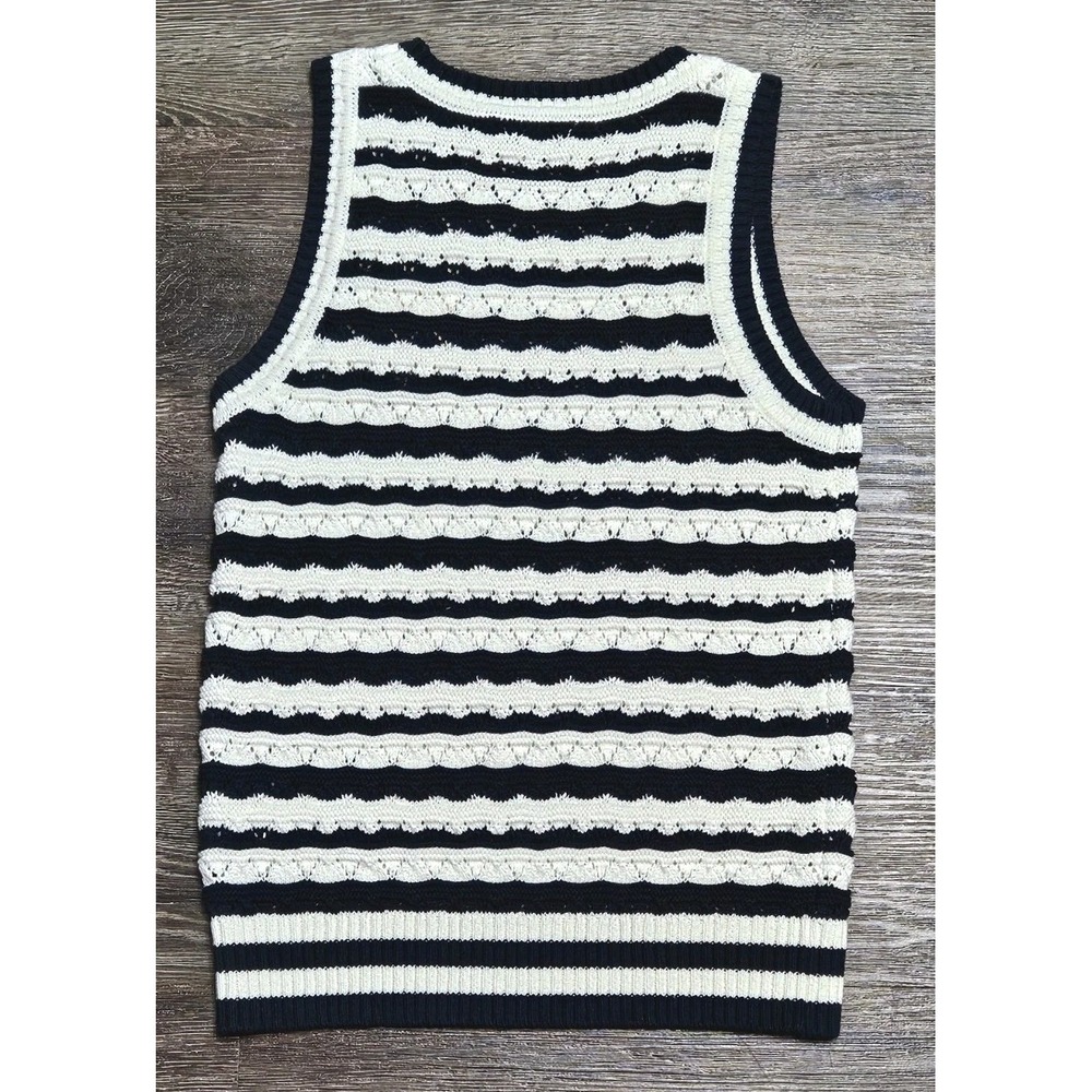 Elie Tahari Stripe Sleeveless Knit Sweater Tank Top Ivory/Dark Navy Blue Medium - Picture 2 of 6